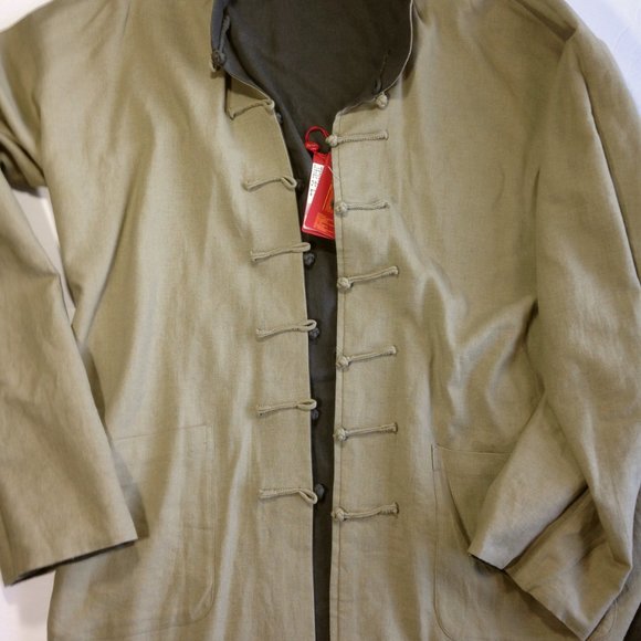 Mens Chinese Tang Jacket Linen Viscose Reversible Green Beige NEW WITH TAGS 2XL - Picture 7 of 11